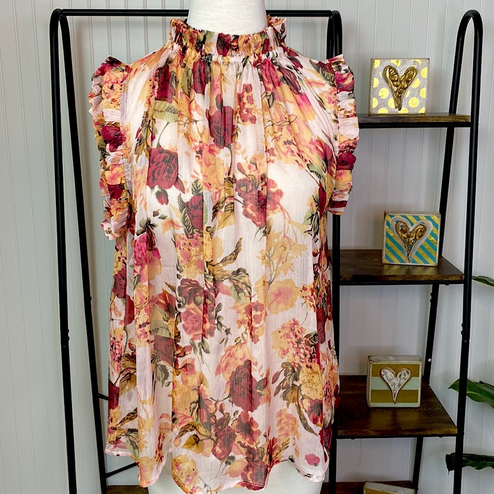 Elan ruffle sleeve /neck sheer top